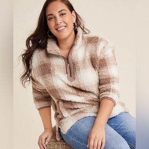 NWT MAURICES Mocha & Cream Plus Size Plaid Teddy Sherpa Sweatshirt~ 2X